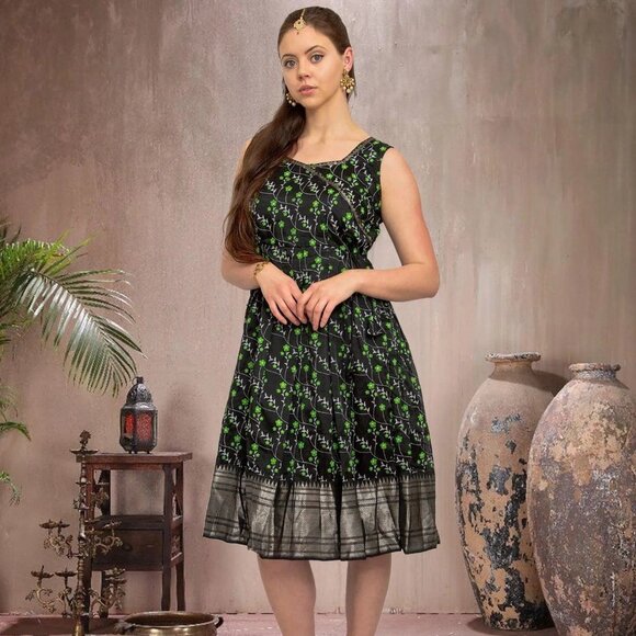 Indian Festive Black and Green Silk Knee Length Dress | Indian Dress in USA Onli - Picture 1 of 5
